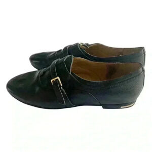 Yosi Samra Black Pointy Flats with Gold Buckle